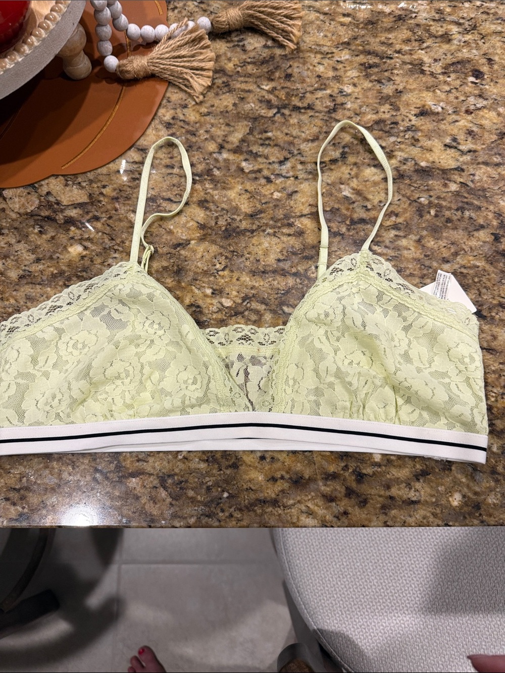 Anthropologie Pale Lime Lace Bralette with Striped Elastic Band
